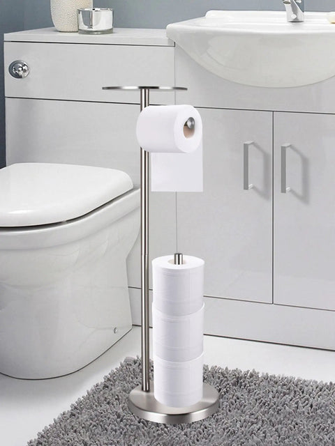 Freestanding Toilet Paper Holder With Storage In Brushed Nickel Stainless Steel Stand For Bathroom Fits 4 Rolls on grey rug
