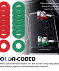 DIY Friendly Pro Grade Battery Terminal Shim Kit With Washers And Adjustment Tool shown with color-coded terminal washers