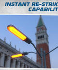 Low Pressure Sodium HID Clear Light Bulb 1800K Warm White BY22D Base, 55W lamp illuminating street, outdoor setting