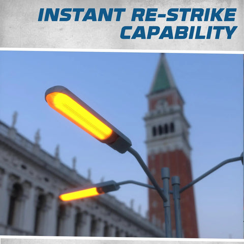 Low Pressure Sodium HID Clear Light Bulb 1800K Warm White BY22D Base, 55W lamp illuminating street, outdoor setting