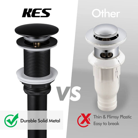 Comparison of Matt Black Pop Up Sink Drain No Overflow All Metal Rustproof Brass And 304 Stainless Steel with a white plastic drain