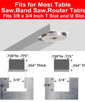 Professional Portable Miter Gauge For Table Saw With 18 Inch Fence, showing dimensions for 3/4 and 3/8 inch T slots.