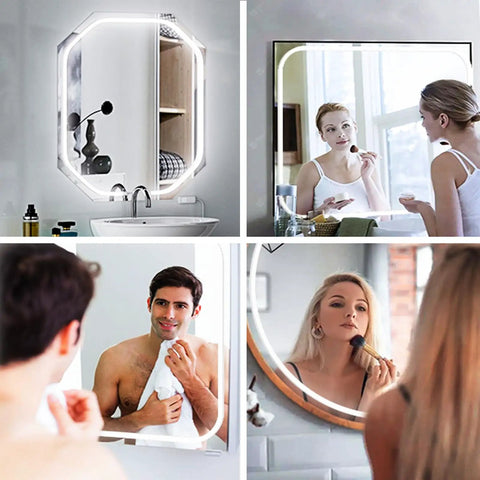People using LED Vanity Light Strip for Mirror With 6000K Daylight White Glow, 6.56 Ft Dimmable Makeup Light in different settings