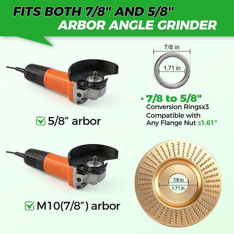 Diagram showing angle grinders and included conversion rings for Pro Grade Five Piece Wood Carving Disc Set with multiple arbors.