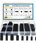 Garage Grade Vacuum Cap Kit 202 Piece Set with assorted rubber plugs in transparent case with size details visible