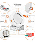 Diagram of 4 Pack 4-Inch Gimbal LED Recessed Downlights 2700K-6000K; shows junction box, air-tight IC rated, damp location approved