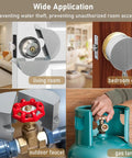 Lock Out Door Knob Device With Padlock For Round Doorknobs Keeps Them From Turning And Keyholes From Being Accessed Great For Privacy And Safety Stainless Steel Silver Finish installed on various fixtures including doorknobs, faucets, and gas tanks.