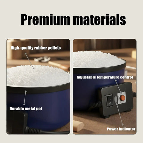 Heavy Duty Electric Hot Glue Pot With One Pound Pellets And Precise Temperature Control showing rubber pellets and control features.