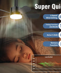 Lit Seventeen Point Five Inch Ceiling Fan Light With Remote 25W 1600 Lumens above sleeping child, showing quiet operation.