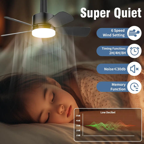 Lit Seventeen Point Five Inch Ceiling Fan Light With Remote 25W 1600 Lumens above sleeping child, showing quiet operation.