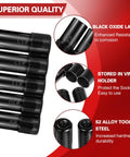 Superior quality features of Five Piece Heavy Duty Tap Socket Set Fits 5/8 To 1 Inch Taps, including black oxide layer and S2 alloy steel.
