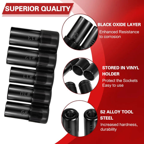 Superior quality features of Five Piece Heavy Duty Tap Socket Set Fits 5/8 To 1 Inch Taps, including black oxide layer and S2 alloy steel.
