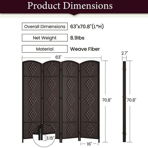 Dimensions of Tall Six Foot Room Divider Four Panel Privacy Screen Freestanding Wall Partition Dark Coffee Finish With Foldable Panels