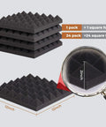 Stack of 24 Pack Black Pyramid Acoustic Foam Panels 12 X 12 X 2 Inches High Density Soundproof Panels with magnified detail.