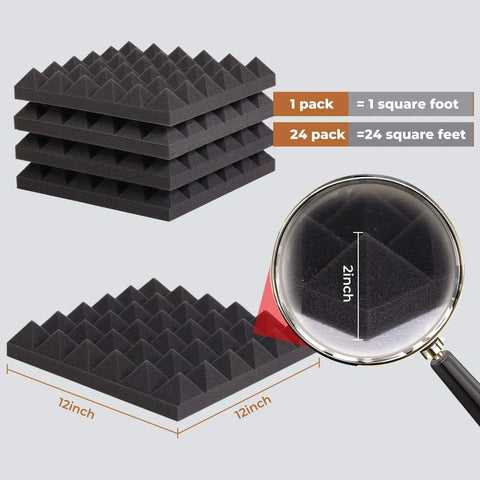 Stack of 24 Pack Black Pyramid Acoustic Foam Panels 12 X 12 X 2 Inches High Density Soundproof Panels with magnified detail.