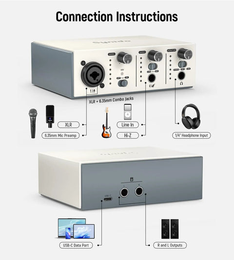USB C Audio Interface For Recording, Streaming And Podcasting With 2 Channel XLR And Line Inputs, 24 Bit 48 KHz, 48V Phantom Power, Silver