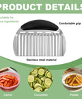 Stainless steel onion slicer holder with an ergonomic black handle for vegetable cutting