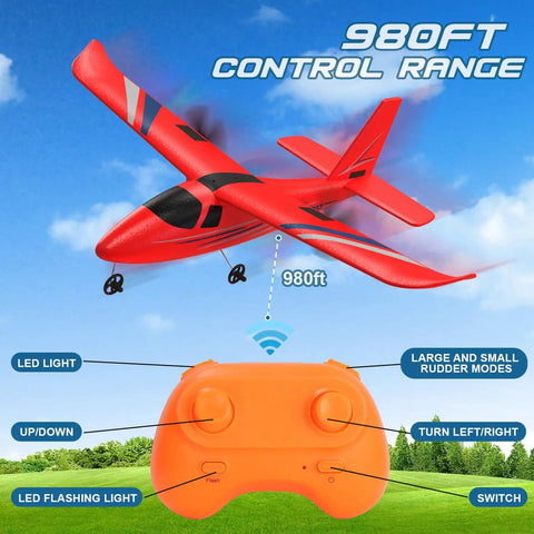 Red 2.4Ghz RC Airplane For Beginners 2CH Remote Control Plane With Gyro Stabilizer flying with orange controller below, grassy field