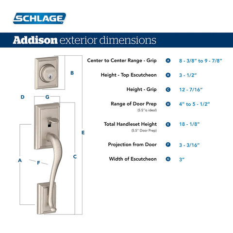 Diagram of Addison Front Entry Handleset With Georgian Knob in Aged Bronze Finish, showing exterior dimensions and measurements.