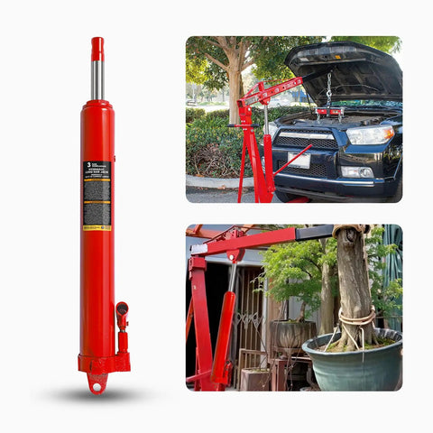Heavy Duty Hydraulic Long Ram Jack 3 Ton Capacity Engine Hoist Cylinder With Clevis Base And Single Piston Pump Sweeping Grunt Work Off Shop Floors And Farm Barns With Smooth Descent Control Built Like A Tank For Daily Use