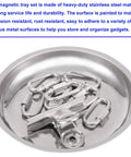 8 Piece Magnetic Bowls And Trays Set 6 Inch Round Stainless Steel Magnetic Parts Organizer with carabiners in workshop.