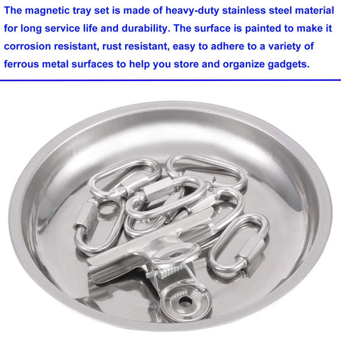 8 Piece Magnetic Bowls And Trays Set 6 Inch Round Stainless Steel Magnetic Parts Organizer with carabiners in workshop.