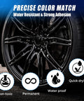 Gloss Black Rim Touch Up Paint Kit With 2 In 1 Brush And Tip, 0.4 Fl Oz on alloy wheel showing color match and features.