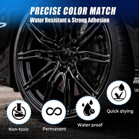 Gloss Black Rim Touch Up Paint Kit With 2 In 1 Brush And Tip, 0.4 Fl Oz on alloy wheel showing color match and features.