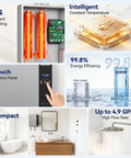 Image showcasing features of 18Kw Electric Tankless Water Heater Delivers Kickin Instant Heat At 240V With 4.9 GPM Flow.