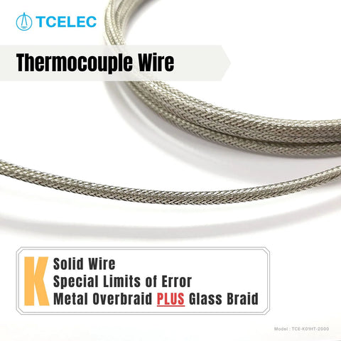 TCELEC K-type thermocouple wire with braided stainless steel overbraid; close-up view