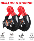 Pair of durable red 1/2in x 22in soft shackles for off-road recovery, labeled with product features and benefits.