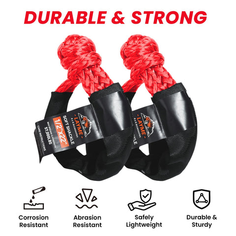 Pair of durable red 1/2in x 22in soft shackles for off-road recovery, labeled with product features and benefits.