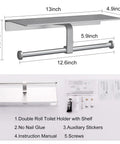 Anti Rust Aluminum Double Roll Toilet Paper Holder With Built In Shelf For Phone Keys And Essentials Self Adhesive Or Screw Mount No Drill Bathroom Organizer In Silver Finish, dimensions and installation kit displayed.