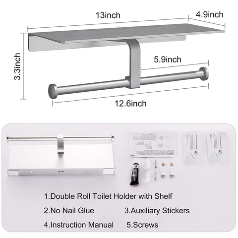 Anti Rust Aluminum Double Roll Toilet Paper Holder With Built In Shelf For Phone Keys And Essentials Self Adhesive Or Screw Mount No Drill Bathroom Organizer In Silver Finish, dimensions and installation kit displayed.