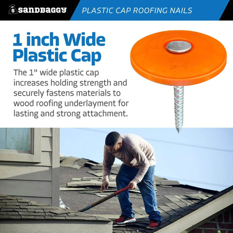 Pro Grade Plastic Cap Roofing Nails With Hella Secure Ring Shank And Tough Electro Galvanized Steel For Roof Underlayment Felt Paper And House Wrap, 1 inch plastic cap and nail.