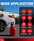 TERA PUMP TRFA03-XL gas can adapter with battery-powered fuel transfer pump; red can fueling white car (front view).