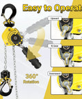 Heavy Duty Manual Lever Chain Hoist Come Along One Quarter Ton Capacity Portable Five Foot Lift G80 Zinc Load Chain With Rugged Alloy Steel Hook Hand Winch, rotation and operation instructions displayed against yellow background, showing lever positions for upward, neutral, and downward movements.