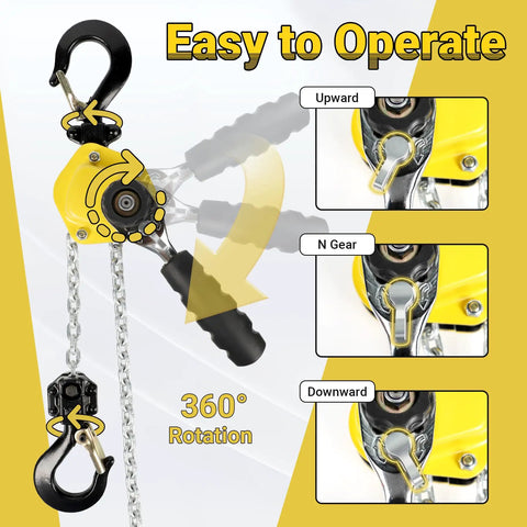 Heavy Duty Manual Lever Chain Hoist Come Along One Quarter Ton Capacity Portable Five Foot Lift G80 Zinc Load Chain With Rugged Alloy Steel Hook Hand Winch, rotation and operation instructions displayed against yellow background, showing lever positions for upward, neutral, and downward movements.