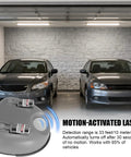 Heavy Duty Dual Laser Parking Sensor For All Vehicles Featuring 360 Degree Rotation And Motion Activated Auto Stop Light in garage with cars.