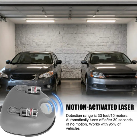 Heavy Duty Dual Laser Parking Sensor For All Vehicles Featuring 360 Degree Rotation And Motion Activated Auto Stop Light in garage with cars.
