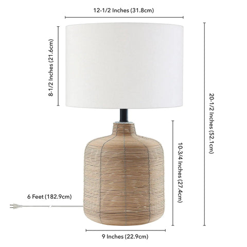 Petite Rattan Table Lamp With White Fabric Shade And Brass Accent, 20.5 Inch Tall Desk Lamp For Home Or Office with dimensions