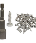 Heavy Duty Lag Screws Set Of Fifty, One Quarter Inch Diameter By One Inch Length, Stainless Steel 304 Partial Thread Bolts With Silver Oxide Finish For Wood Decks Construction And Home Improvement By OSVJE, shown with a hex driver bit