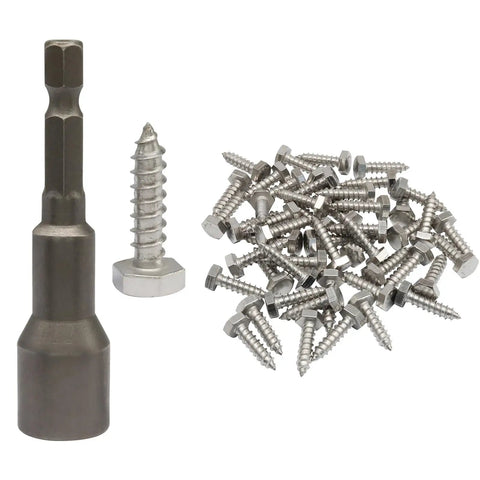 Heavy Duty Lag Screws Set Of Fifty, One Quarter Inch Diameter By One Inch Length, Stainless Steel 304 Partial Thread Bolts With Silver Oxide Finish For Wood Decks Construction And Home Improvement By OSVJE, shown with a hex driver bit