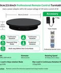 Foxvee Heavy Duty Motorized Turntable 23.6 Inch Remote Control Rotating Display Stand For 3D Scanning And Photography specifications and power adapter.