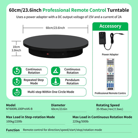 Foxvee Heavy Duty Motorized Turntable 23.6 Inch Remote Control Rotating Display Stand For 3D Scanning And Photography specifications and power adapter.