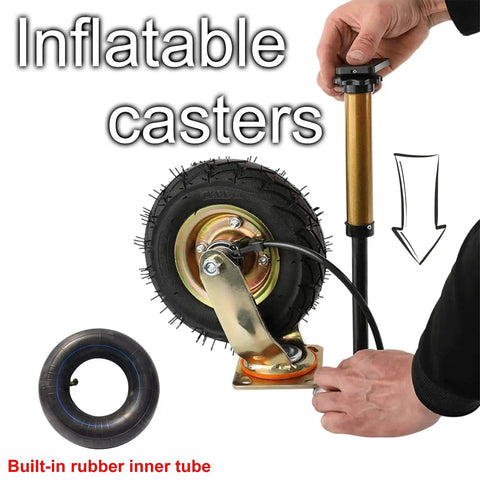 Inflatable casters with thick rubber wheel and built-in inner tube, designed for easy installation and enhanced mobility.