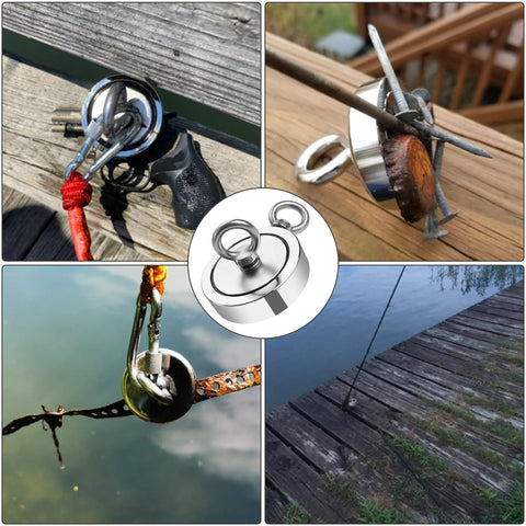 Grtard magnet fishing kit: 3.7-inch double-sided neodymium magnet with rope, hooks, rings.