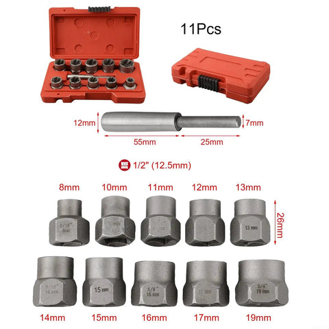 Beefy Half Inch Bolt Extractor Socket Set For Stripped Bolts 11 Piece Nut Remover Tool Kit CR MO Steel Auto Marine Machinery