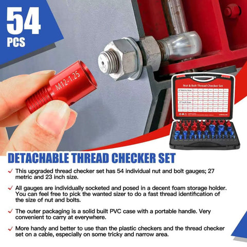 Nut and bolt thread checker set, 54-piece in red case; 27 metric and 27 inch gauge sizes.