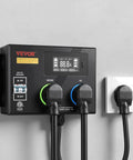 Top Tier EV Charger Splitter Switch Nema 14 30 Straight Up Reliable Dual Outlet Power Hub controls EV charging with two ports on a wall.